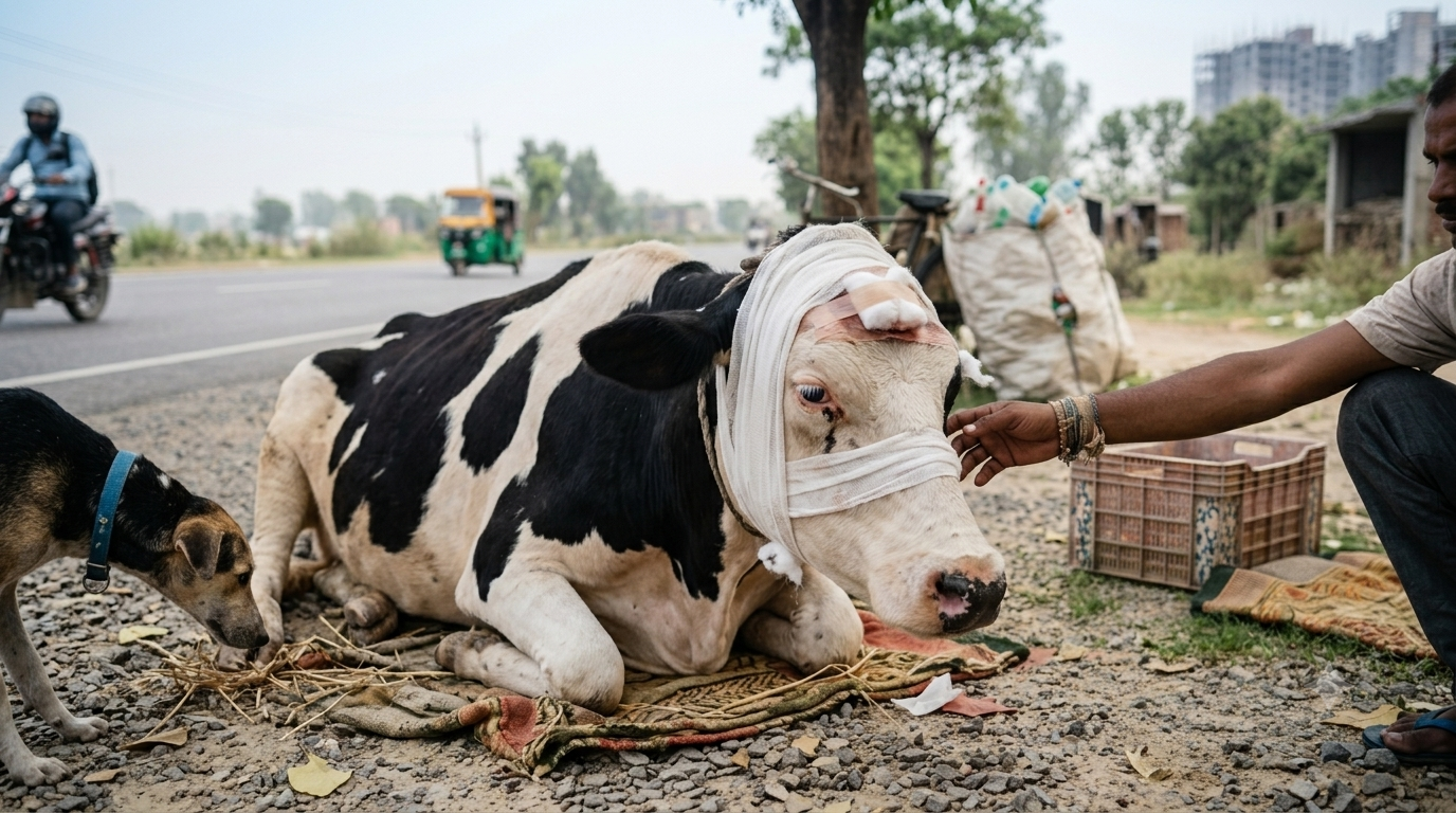 Medical treatment given to injured cow