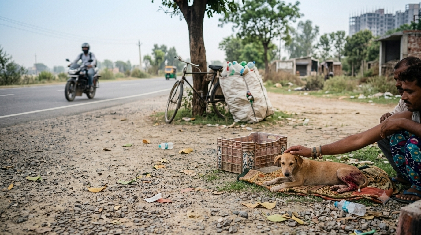 Volunteers treating injured cow on roadside